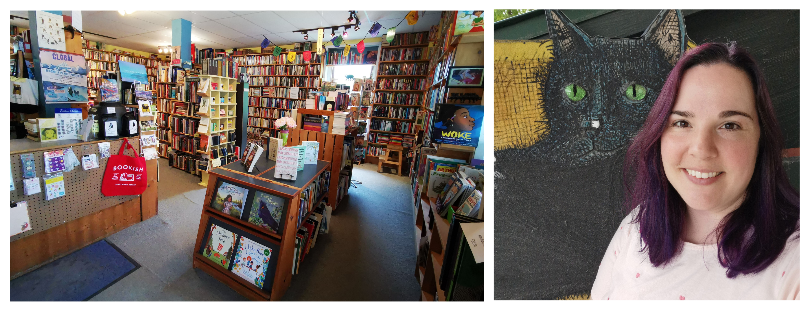 A photo of the interior of Black Cat Books and a photo of owner Anne-Marie Bailey.
