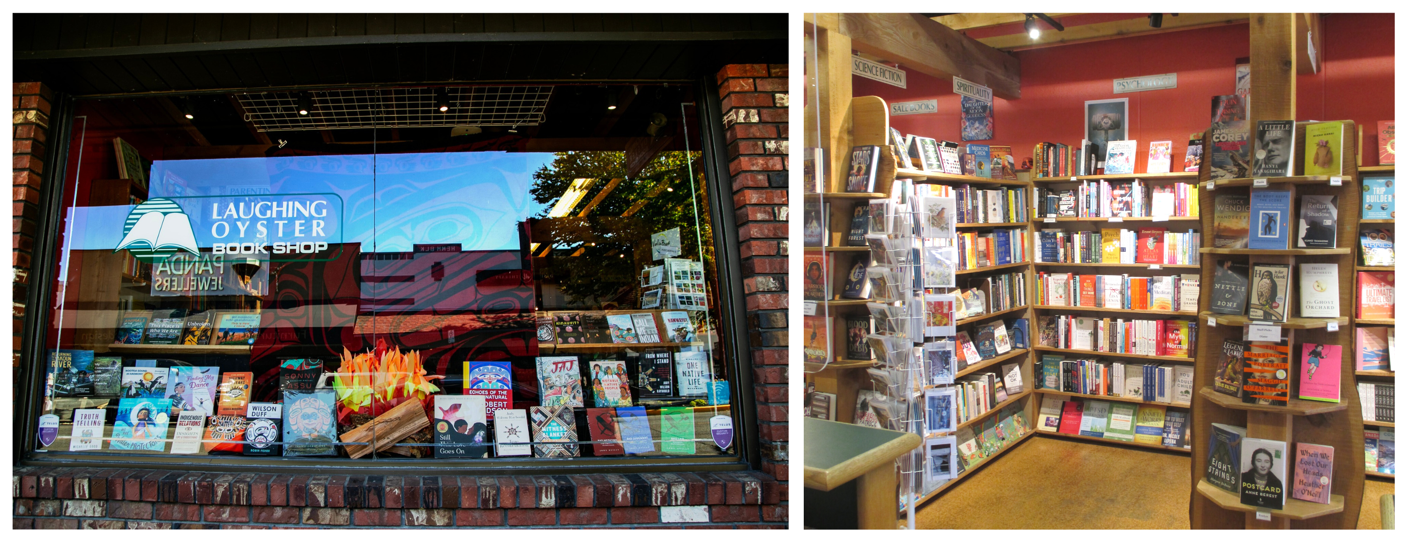 A photo of the window display of Laughing Oyster Bookshop and a photo of the interior bookshelves.