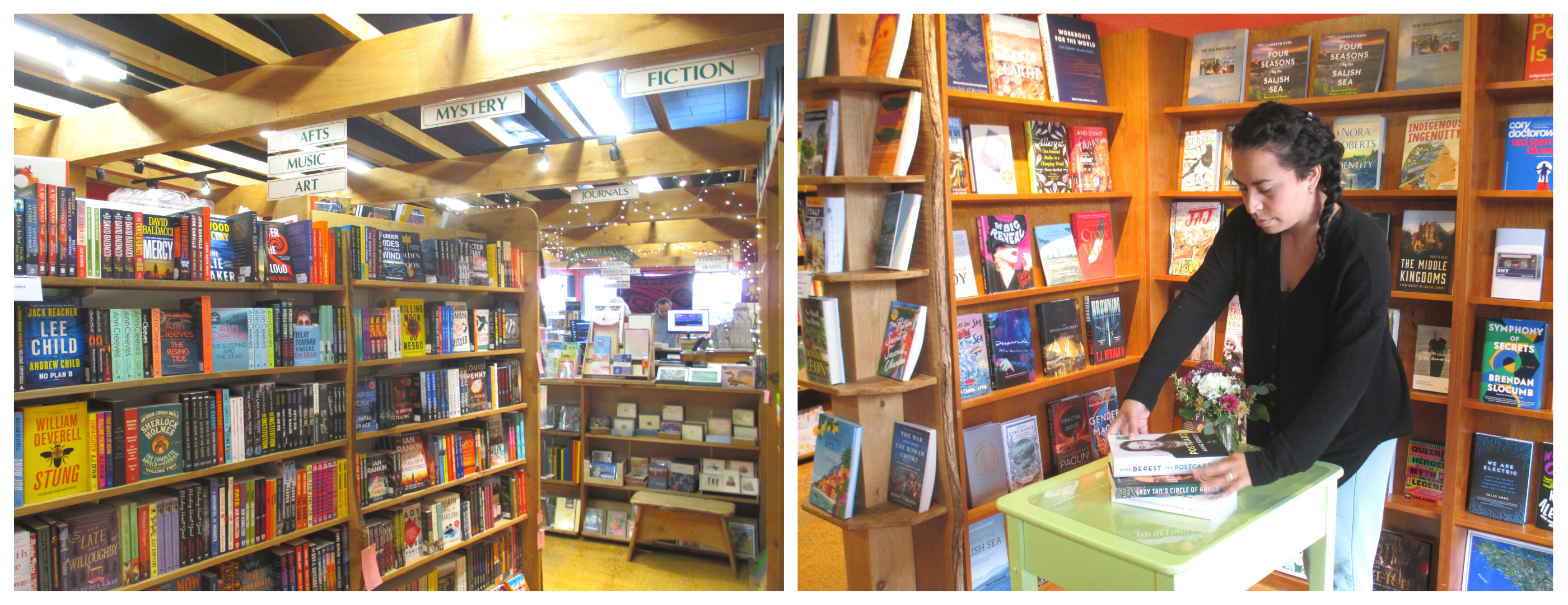 Photos of the interior of Laughing Oyster Bookshop including shelves and a bookseller preparing staging a photograph.
