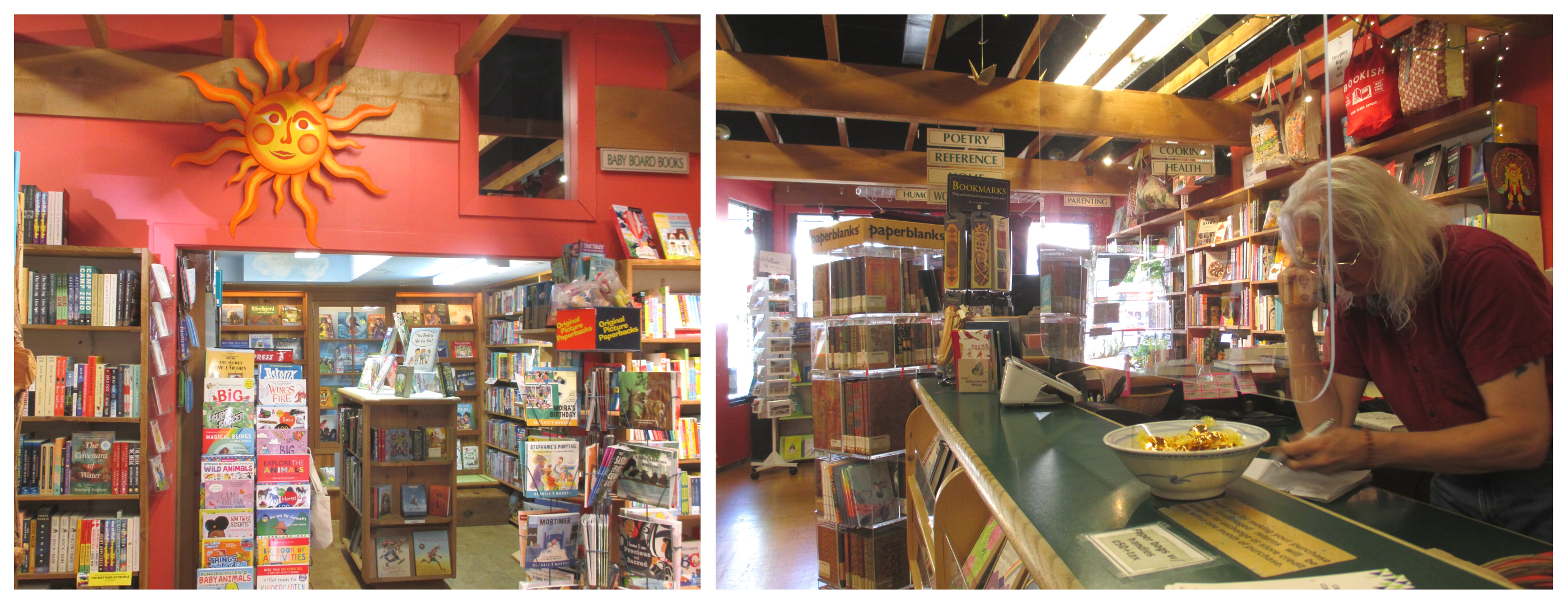 Photos of the interior of Laughing Oyster Bookshop including shelves and a person making notes at the cash.