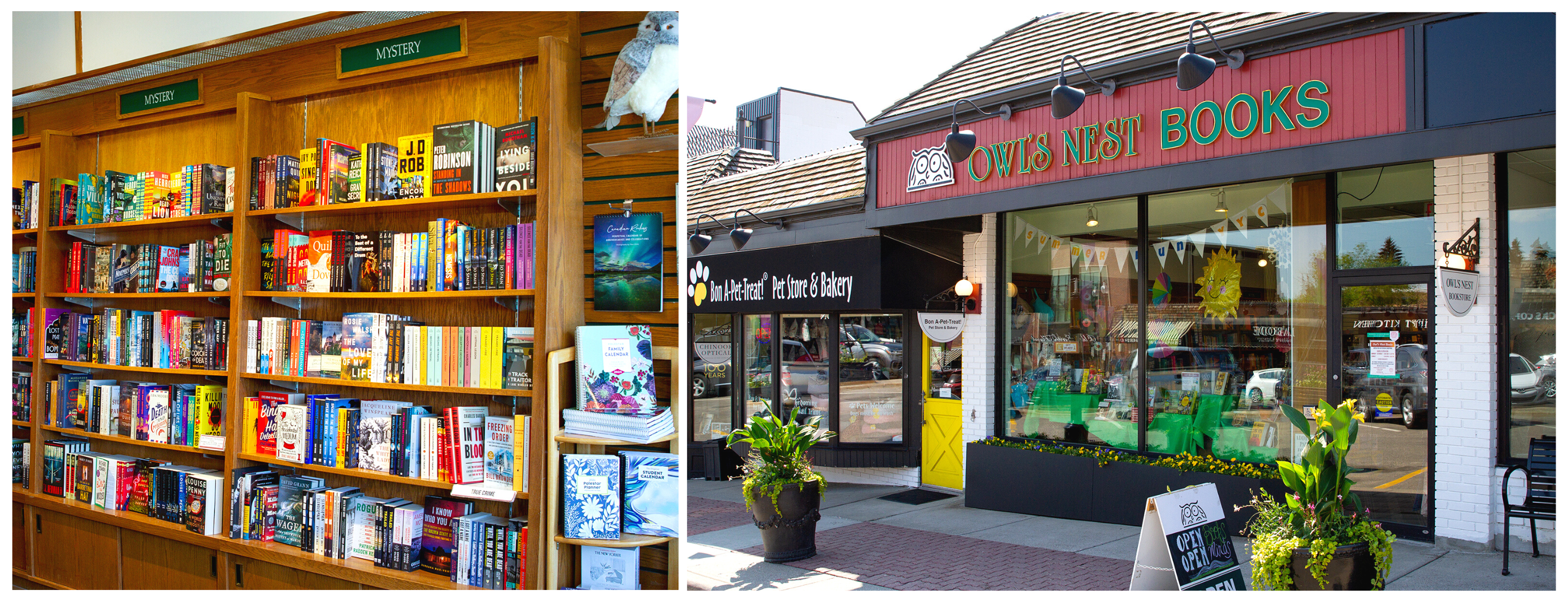 A photo of the mystery section at Owl's Nest Books and a photo of the exterior including the side and window display.