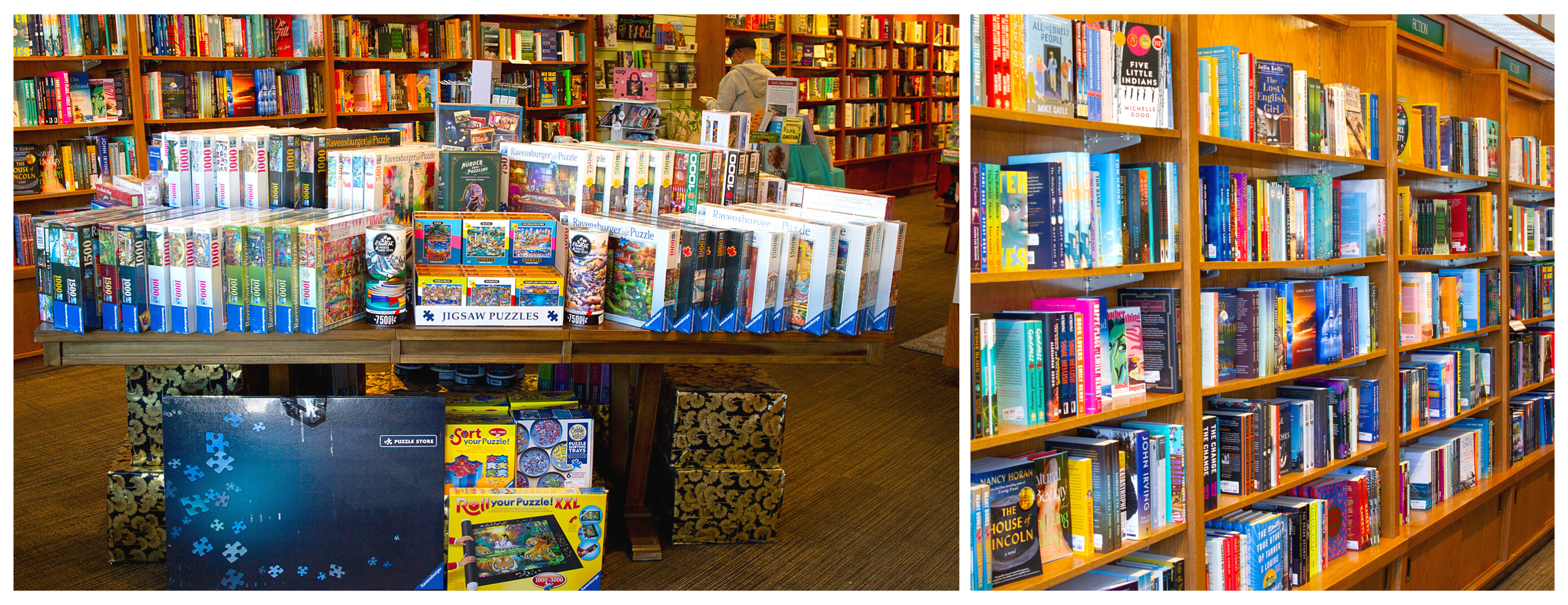 Photos of the interior of Owl's Nest Books including the puzzle display and the fiction section