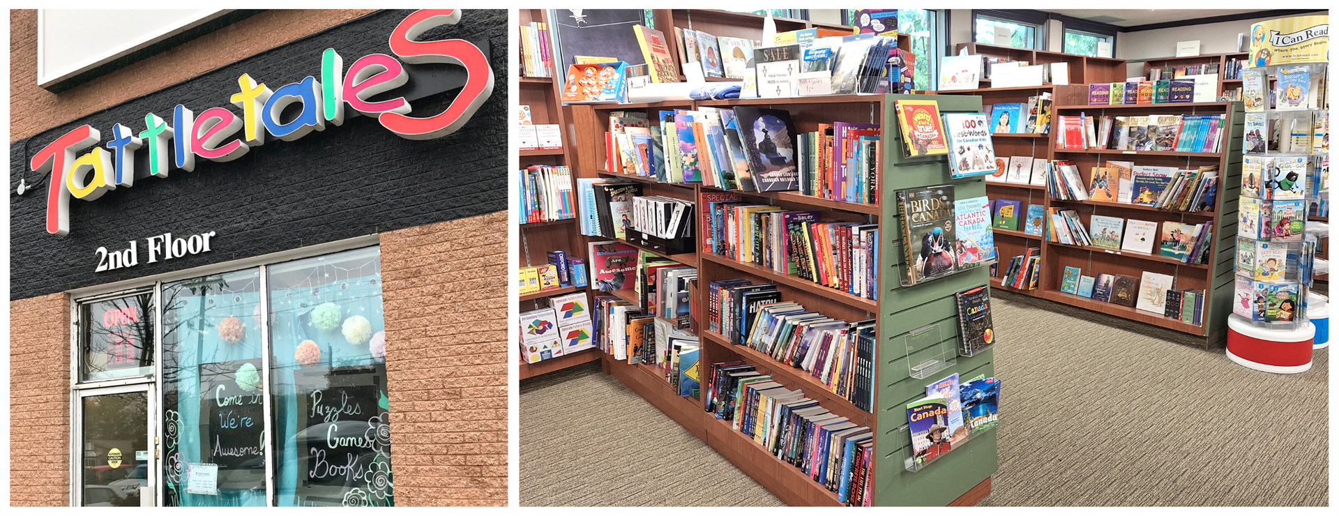 A photo of the exterior of Tattletales. A photo of shocked shelves at the bookstore.